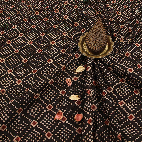 Black Rhombus Dotted Bagru Ajrakh Hand Block Printed Cotton Fabric
