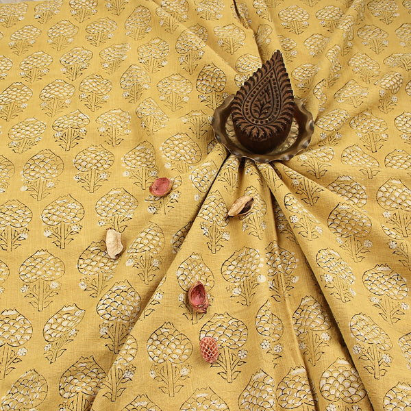 Yellow Anar Butta Dabu Hand Block Printed Slub Fabric