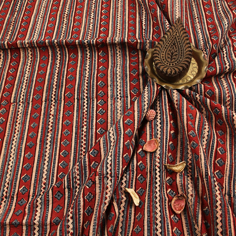Red Geometric Ajrakh Hand Block Print Cotton Fabric