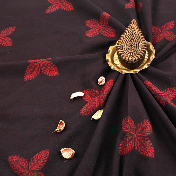 Black Leaf Dabu Hand Block Print Cotton Fabric