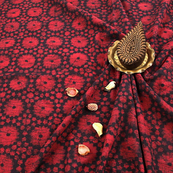 Red Geometric Dabu Hand Block Print Cotton Fabric
