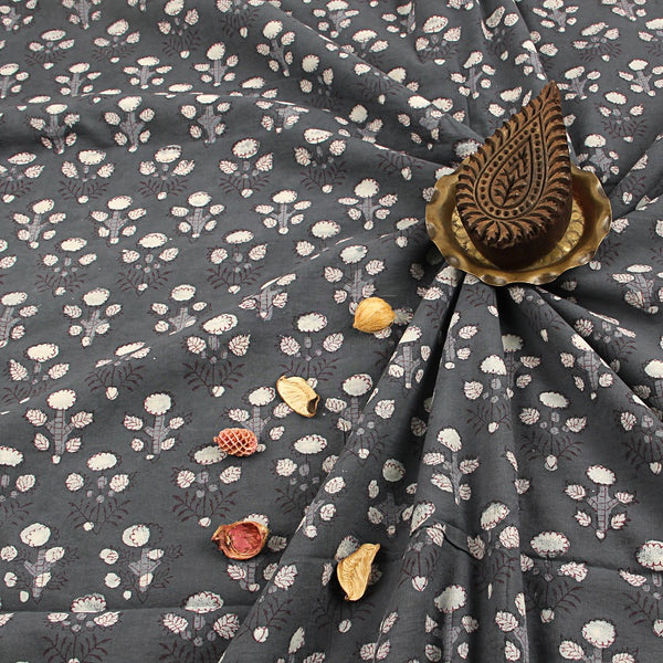 Grey Floral Bunch Jahota Hand Block Printed Cotton Fabric