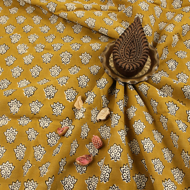 Yellow Lotus Bagru Hand Block Printed Cotton Fabric