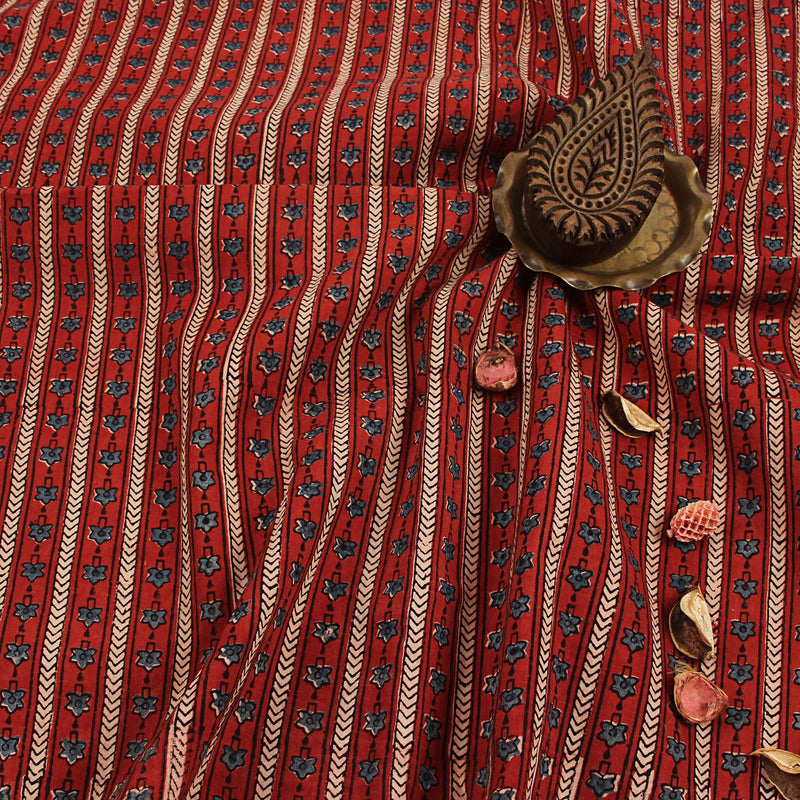 Red Floral Ajrakh Hand Block Print Cotton Fabric