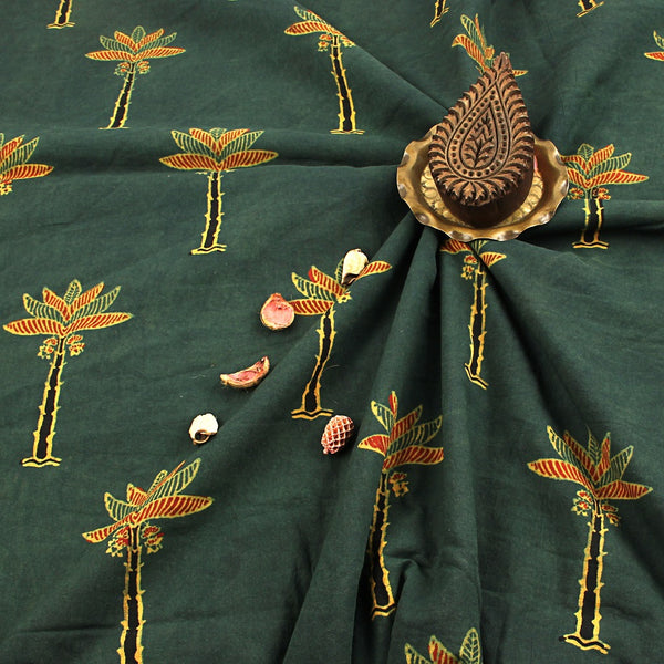 Red Palm Tree Ajrakh Hand Block Printed Cotton Fabric