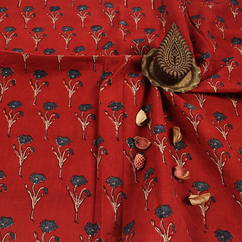 Red Floral Ajrakh Hand Block Print Cotton Fabric