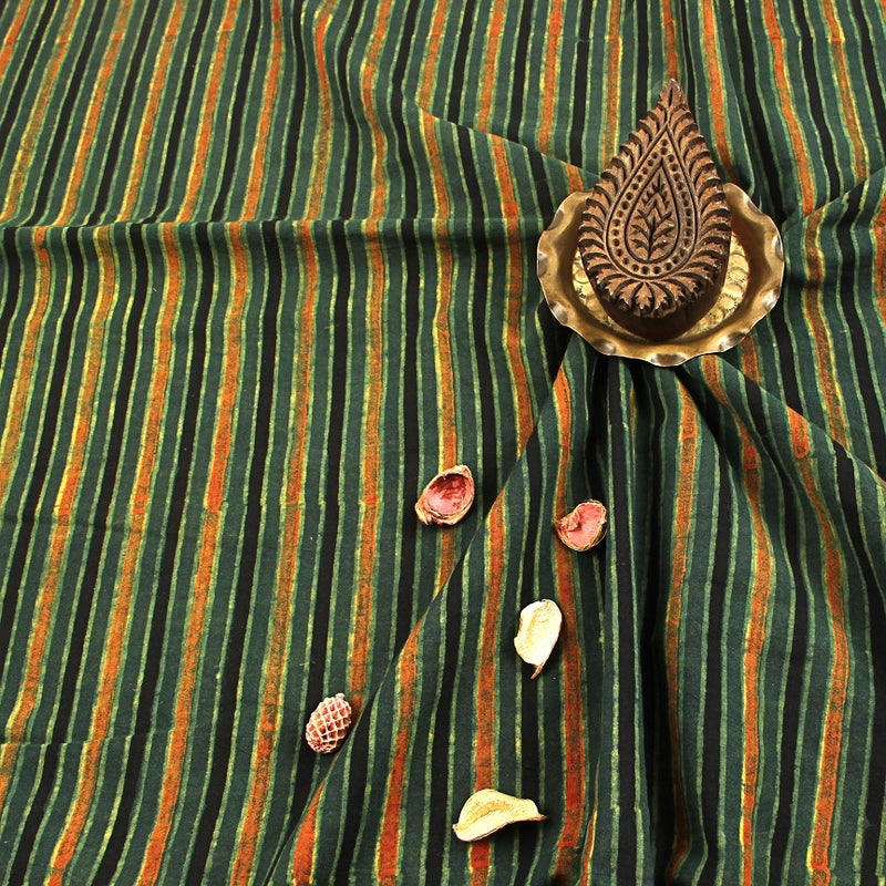 Green Stripes Ajrakh Hand Block Print Cotton Fabric