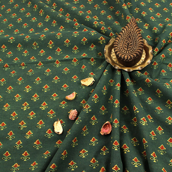 Green Butti Ajrakh Hand Block Print Cotton Fabric