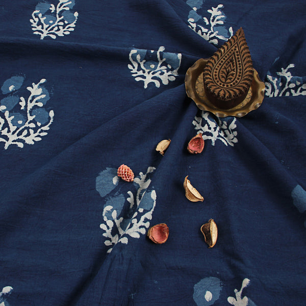 Blue Floral Dabu Hand Block Print Cotton Fabric