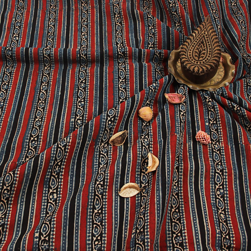 Blue Leaf Border Ajrakh Hand Block Print Cotton Fabric