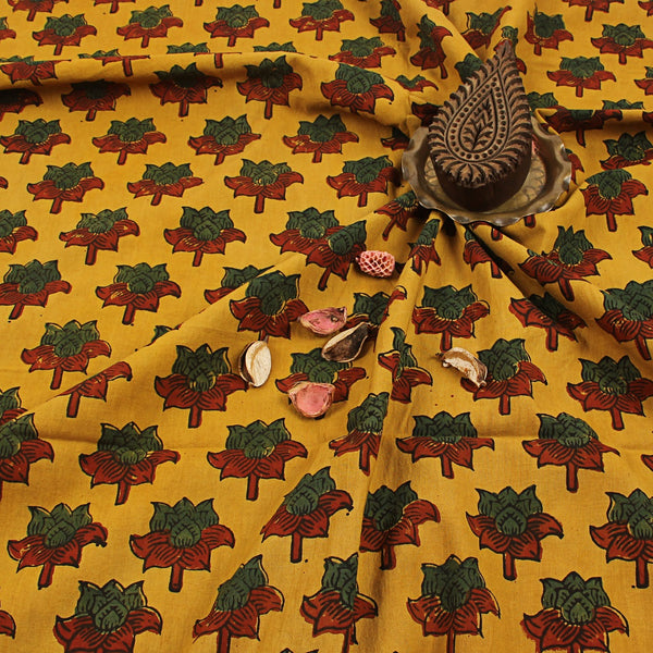 Yellow Butta Ajrakh Hand Block Print Cotton Fabric