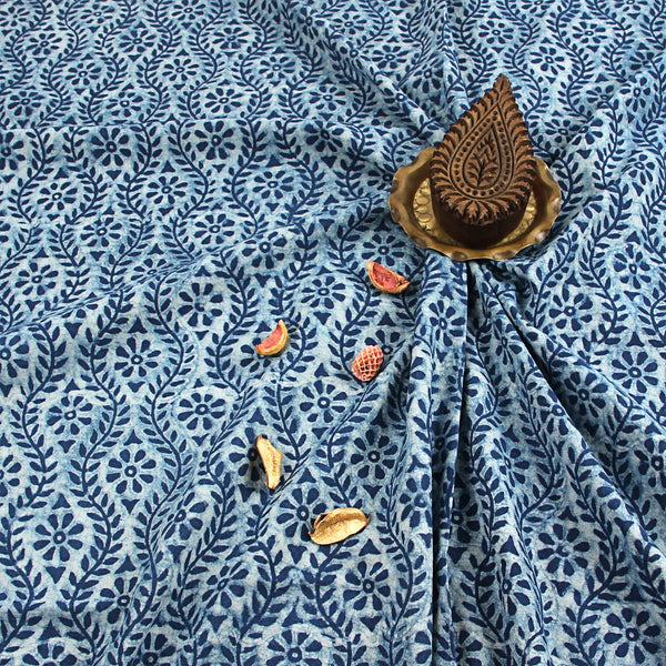 Blue Leafy Vel Dabu Hand Block Printed Cotton Fabric