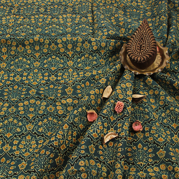 Green Floral Ajrakh Hand Block Print Cotton Fabric