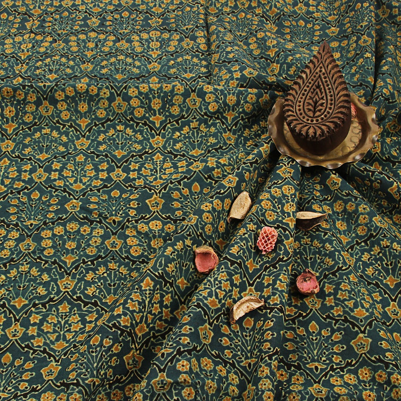 Green Floral Ajrakh Hand Block Print Cotton Fabric
