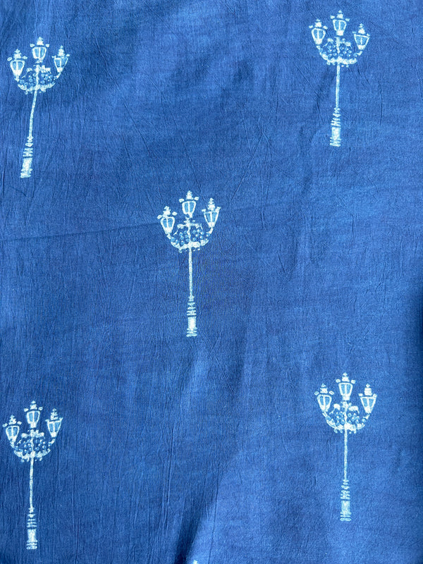 Indigo White Street Lamp Dabu Handblock Print Cotton Fabric