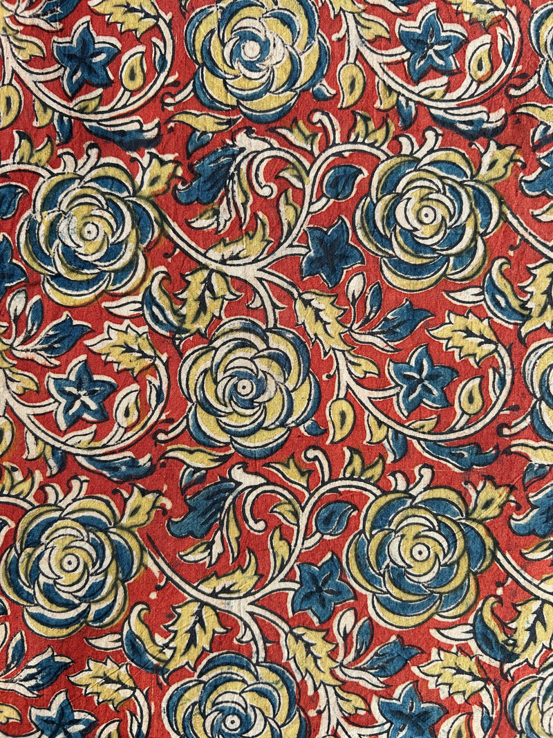 Red-Blue Floral Kalamkari Hand Block Printed Cotton Fabric