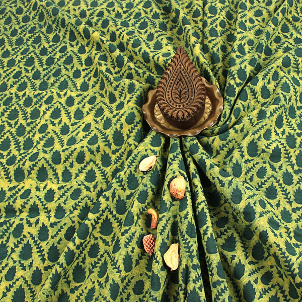 Green Leaf Jaal Dabu Hand Block Printed Cotton Fabric