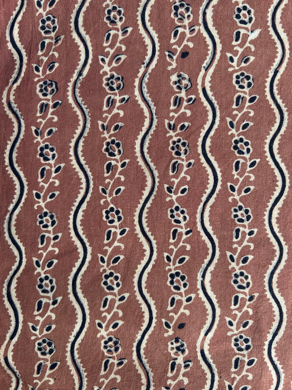 Brown Floral Border Batik Hand Block Printed Cotton Fabric