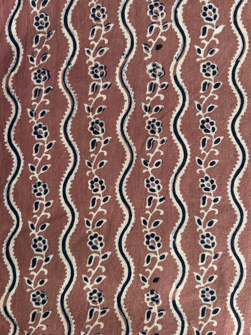 Brown Floral Border Batik Hand Block Printed Cotton Fabric