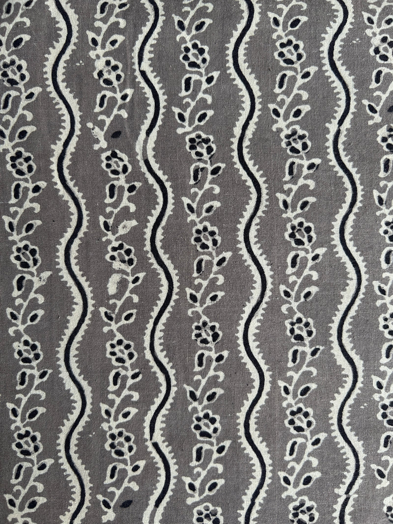 Grey-Black Floral Border Batik Hand Block Printed Cotton Fabric