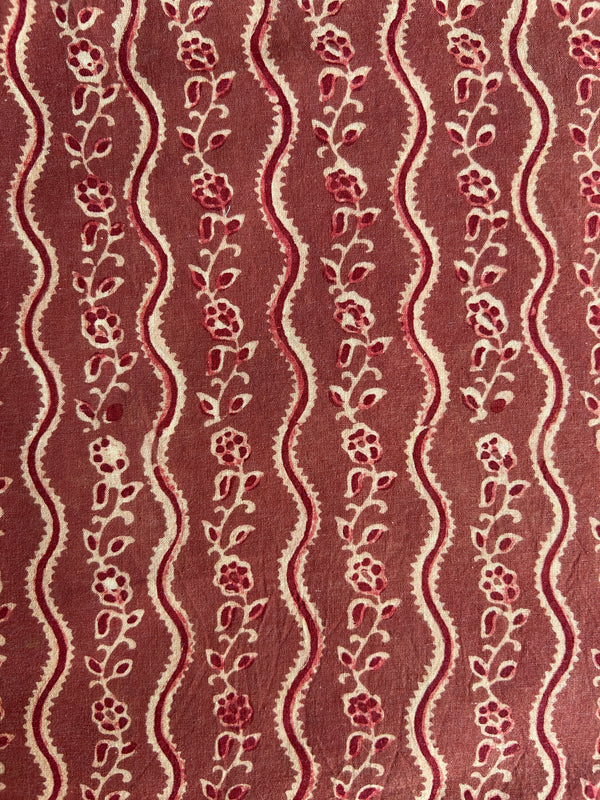 Brown-Red Floral Border Batik Hand Block Printed Cotton Fabric