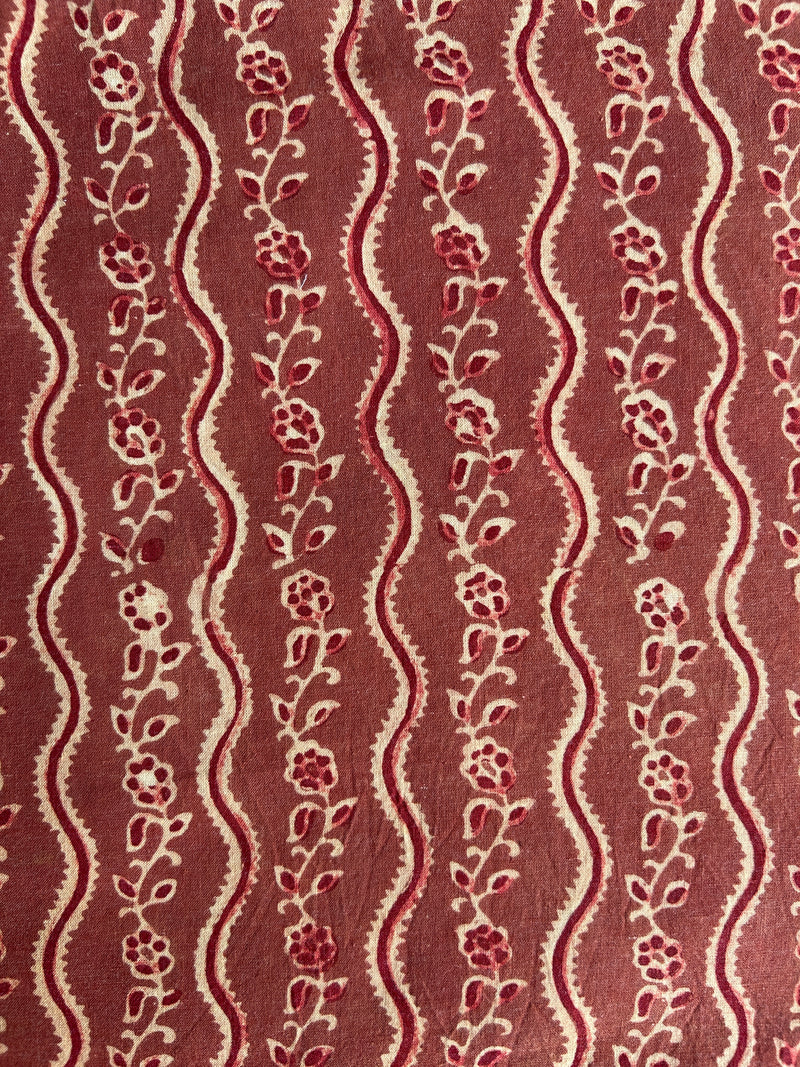 Brown-Red Floral Border Batik Hand Block Printed Cotton Fabric