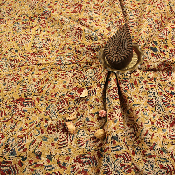 Yellow Floral Jaal Kalamkari Hand Block Printed Cotton Fabric