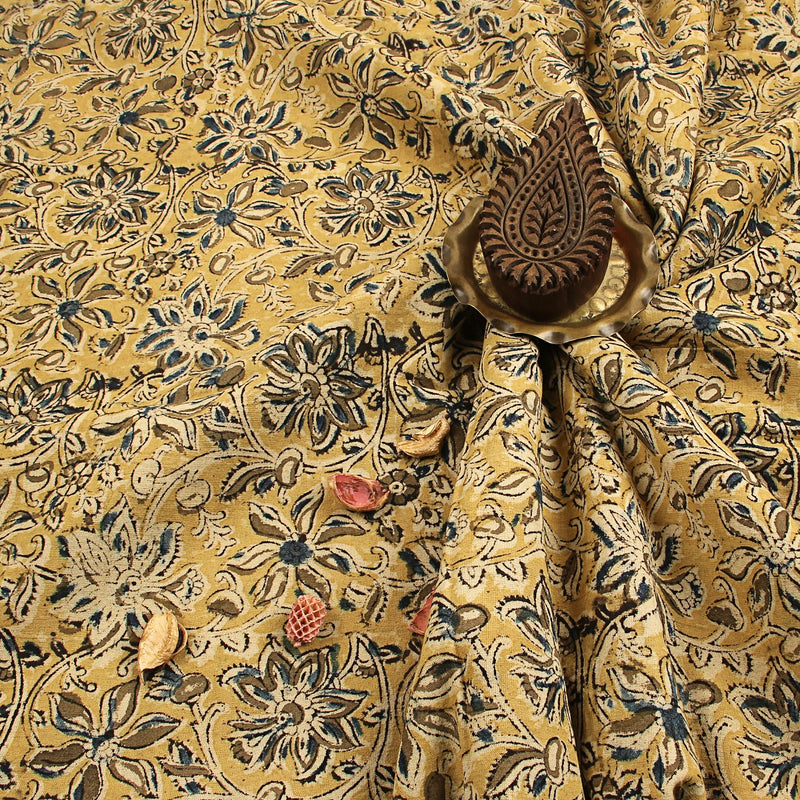 Aster Yellow Floral Jaal Kalamkari Hand Block Printed Cotton Fabric