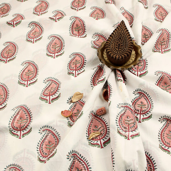 Pink Paisley Butti Sanganeri Hand Block Printed Organic Cotton Fabric