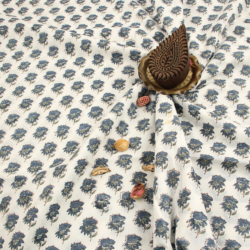 Blue Taaj Floral Butti Sanganeri Hand Block Printed Organic Cotton Fabric