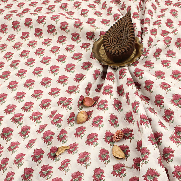 Pink Taaj Floral Butti Sanganeri Hand Block Printed Organic Cotton Fabric