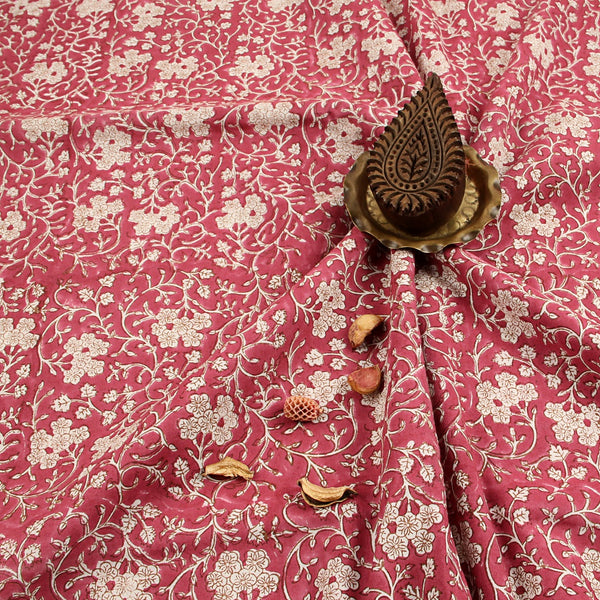 Pink Petunia Floral Jaal Sanganeri Hand Block Printed Organic Cotton Fabric