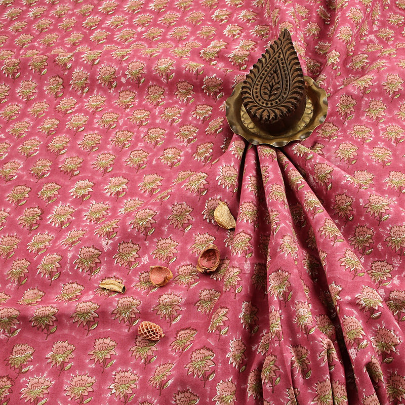 Pink Taaj Floral Butti Sanganeri Hand Block Printed Organic Cotton Fabric