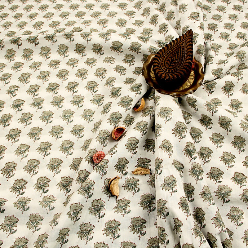 Grey Taaj Floral Butti Sanganeri Hand Block Printed Organic Cotton Fabric