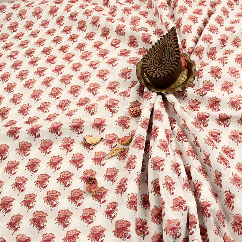 Brown Taaj Floral Butti Sanganeri Hand Block Printed Organic Cotton Fabric