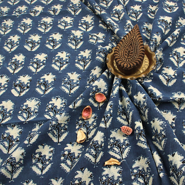 Indigo Lily Floral Butti Ajrakh Hand Block Printed Cotton Fabric