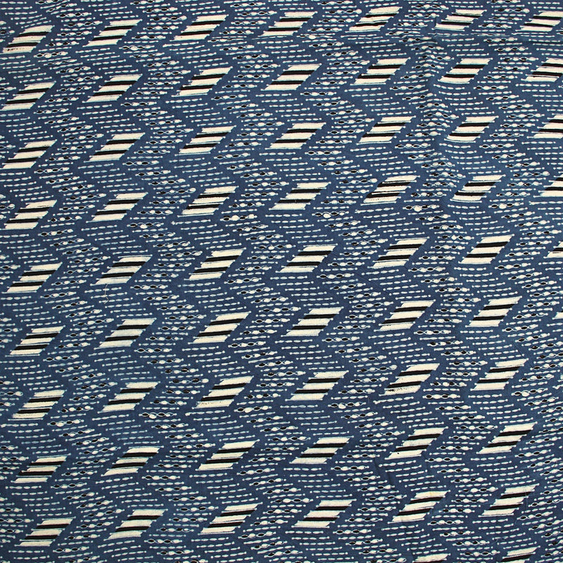 Indigo Zigzag Pattern Ajrakh Hand Block Printed Cotton Fabric