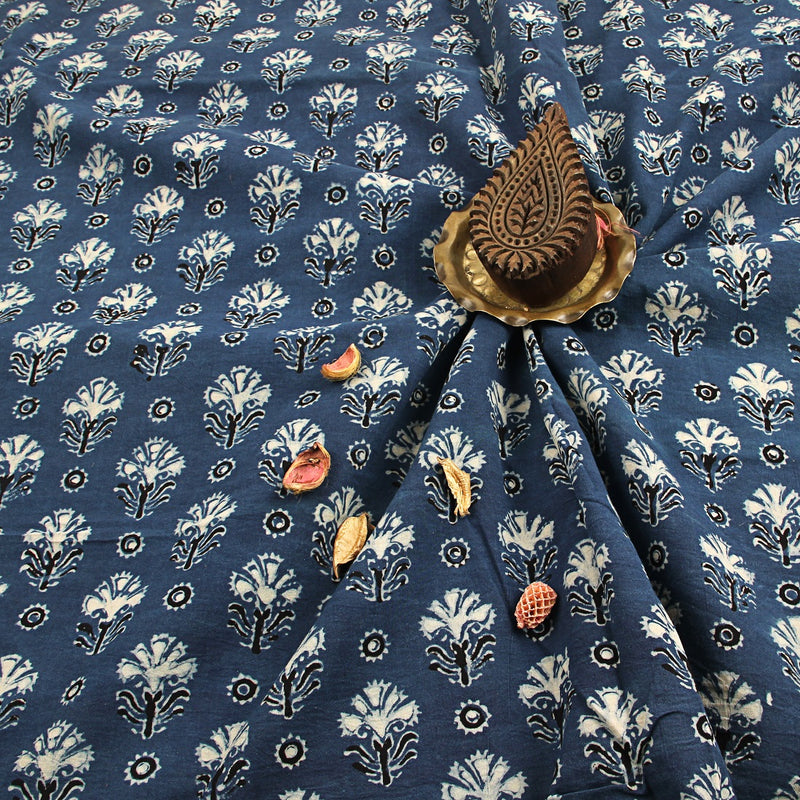 Indigo Hibiscus Floral Ajrakh Hand Block Printed Cotton Fabric