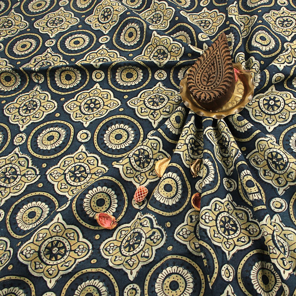 Indigo Ajrakh Hand Block Printed Cotton Fabric