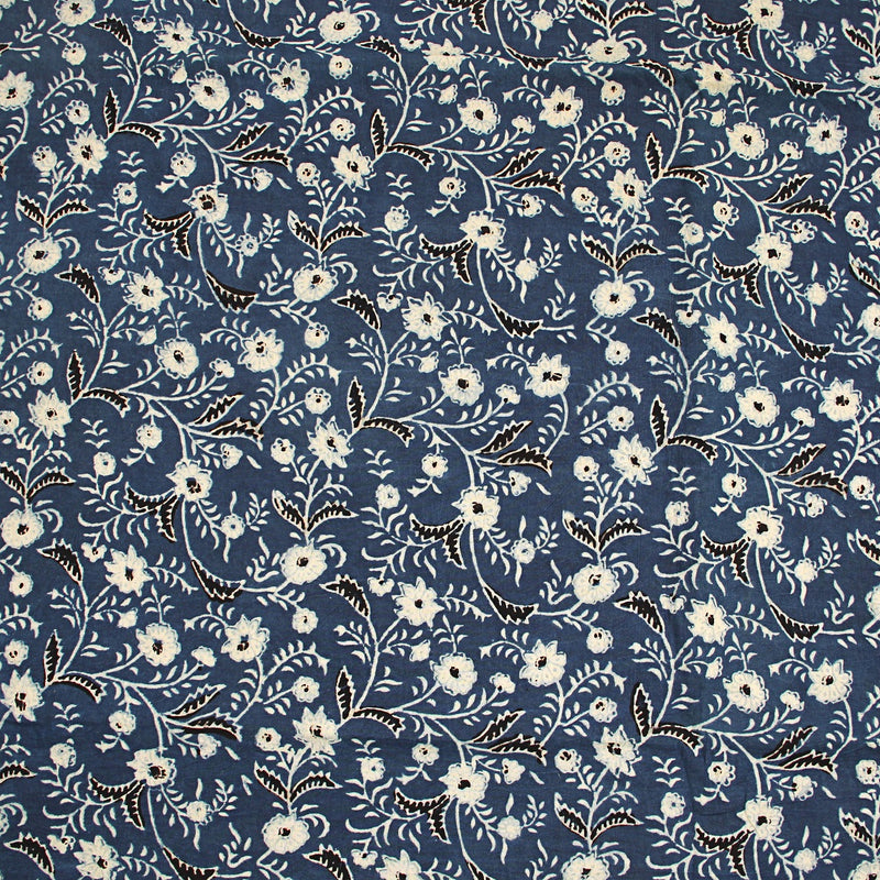 Indigo Daisy Floral Jaal Ajrakh Hand Block Printed Cotton Fabric