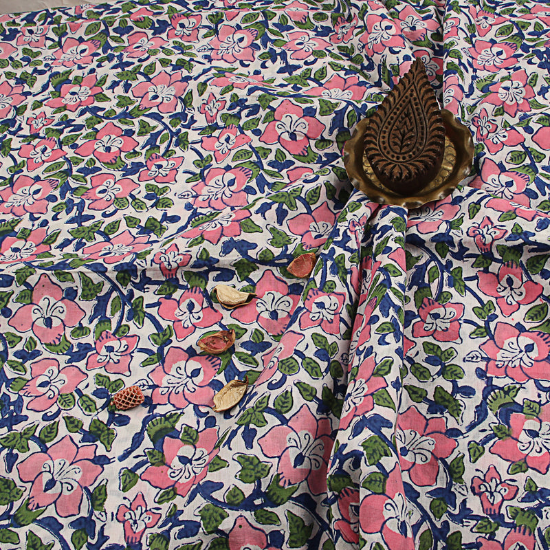 Pink Periwinkle Sanganeri Handblock Print Cotton Fabric