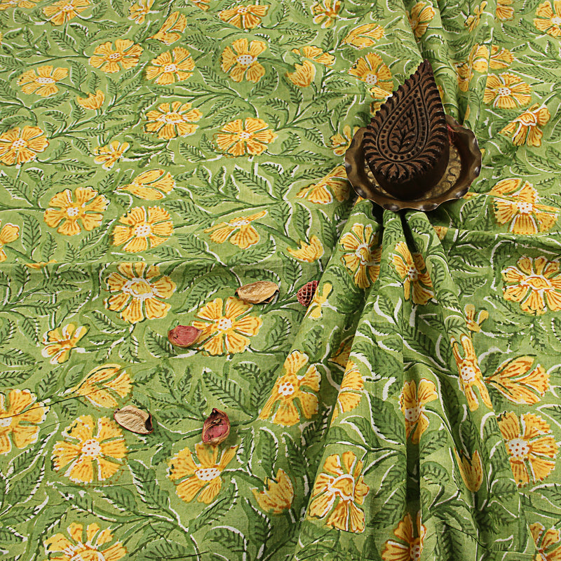 Yellow Zinia Floral Sanganeri Handblock Print Cotton Fabric