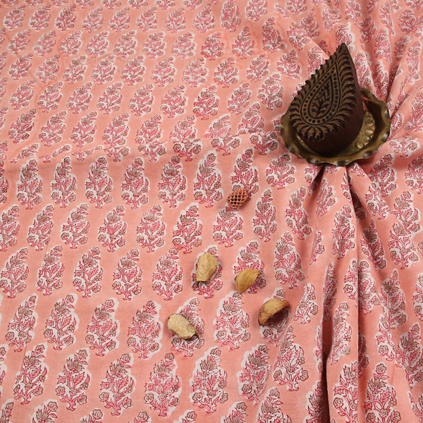 Peach Floral Butti Sanganeri Handblock Print Cotton Fabric