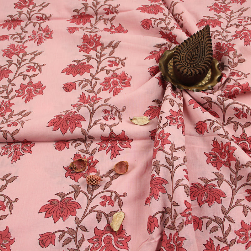 Pink Floral Vel Sanganeri Handblock Print Cotton Fabric