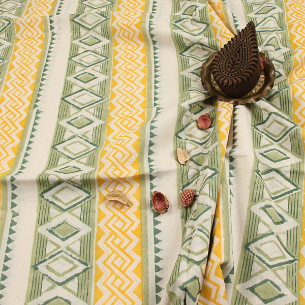 Green Diamond Border Sanganeri Handblock Print Cotton Fabric
