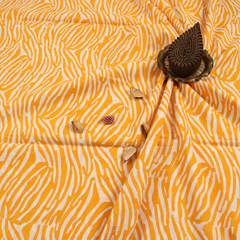 Orange White Lines Sanganeri Handblock Print Cotton Fabric