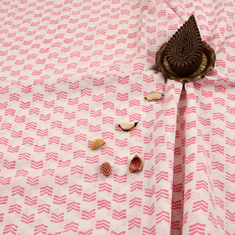 Pink White Lines Sanganeri Handblock Print Cotton Fabric