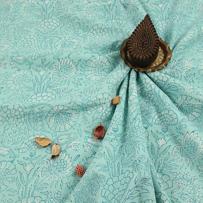 Blue Floral Jaal Sanganeri Handblock Print Cotton Fabric