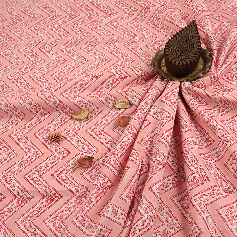 Pink Zigzag Border Sanganeri Handblock Print Cotton Fabric