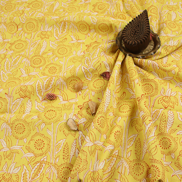 Yellow Dahlia Sanganeri Handblock Print Cotton Fabric